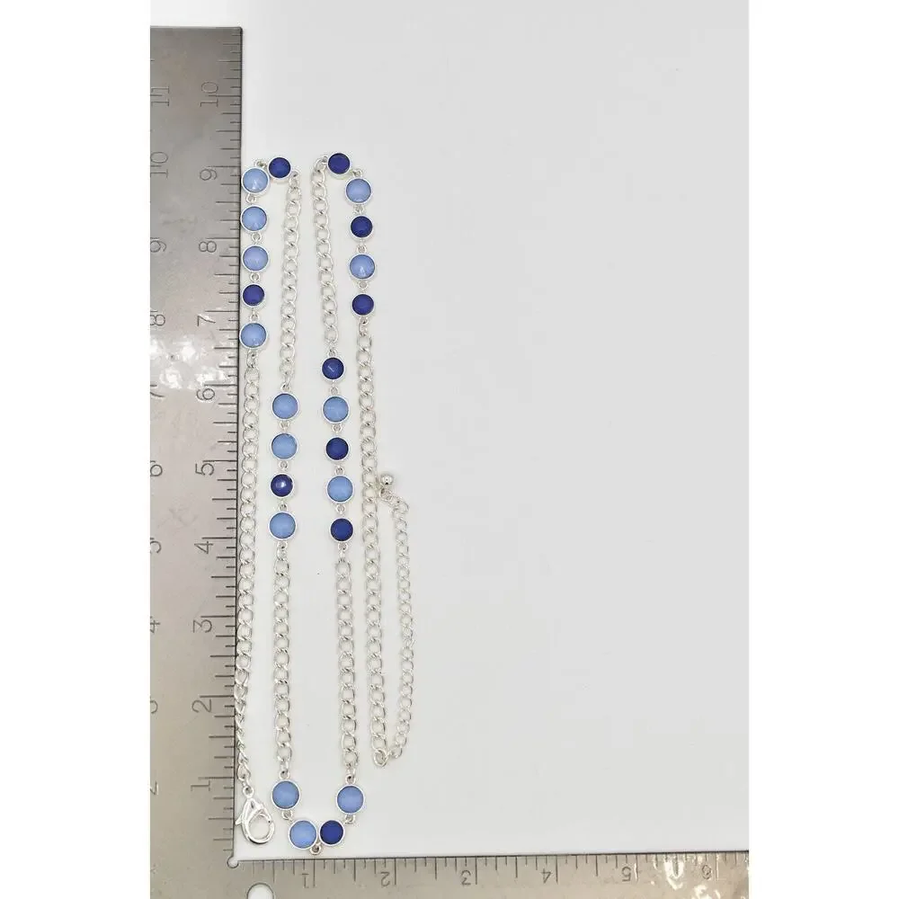 Vintage Station Chain Necklace Sky Blue Crystal Silver Tone Long Y2K BinBJ